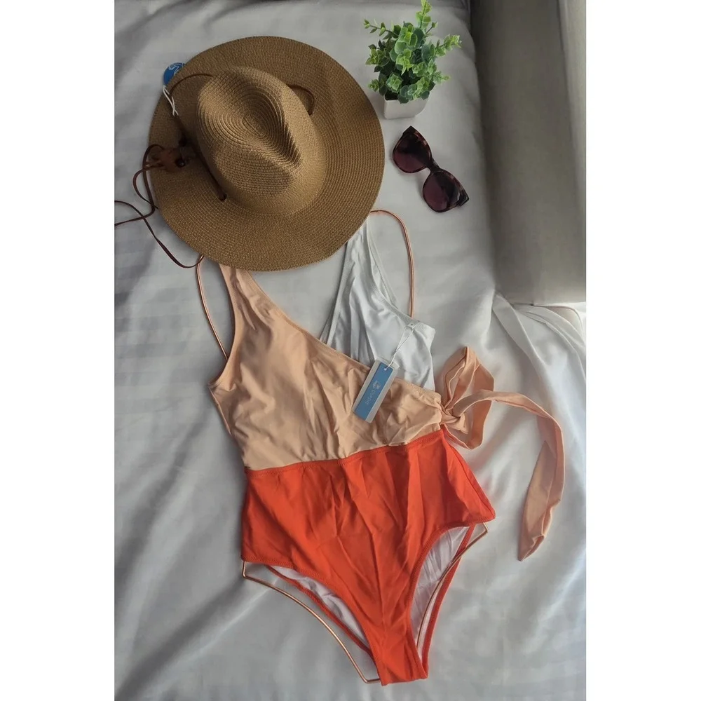 Cupshe Women Colorblock Wrap One Piece Swimsuit Coral Peach White Side Tie‎ M